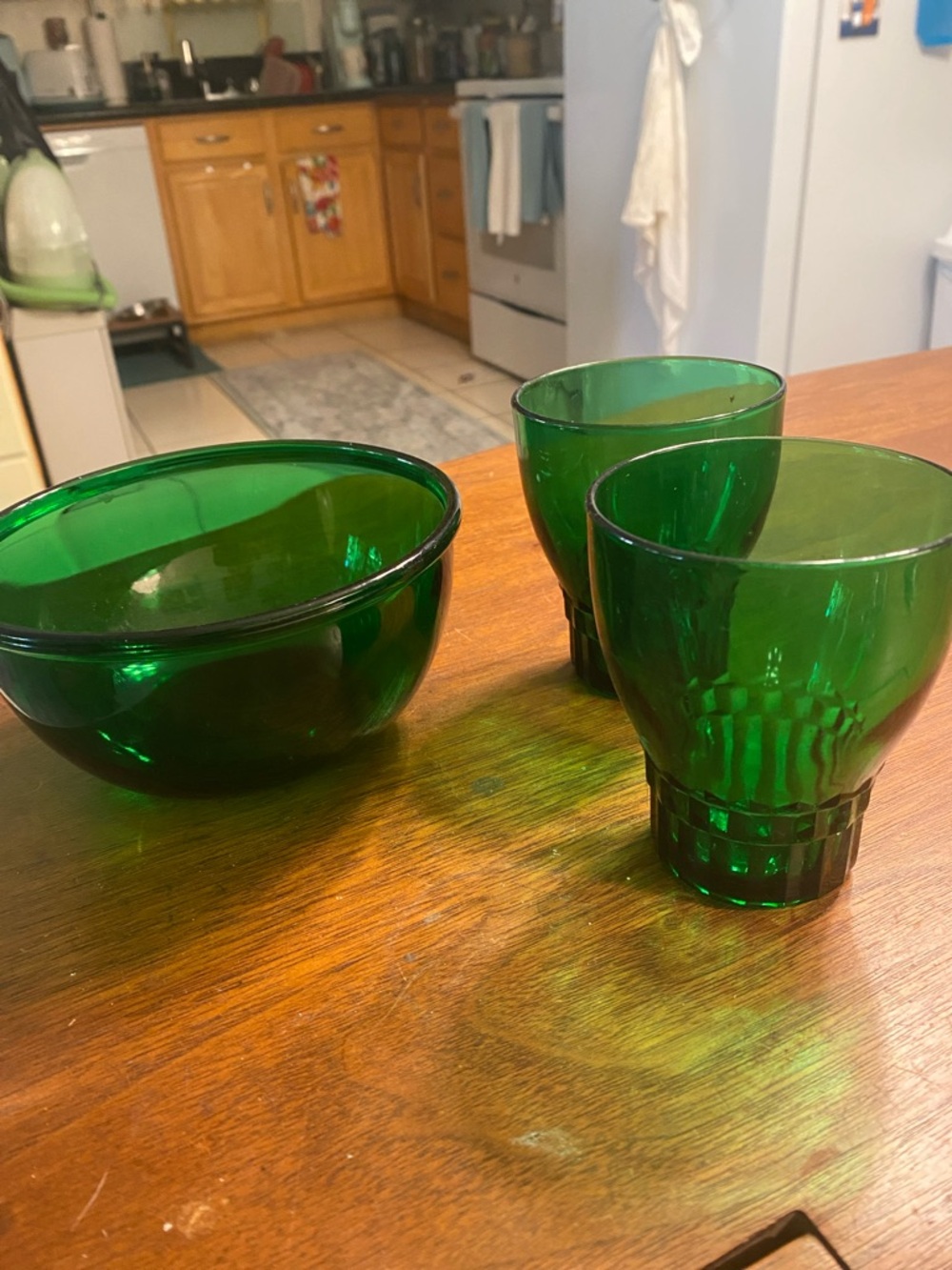 Anchor Hocking Windsor Forest Green Two-9 oz tumblers,And Bowl,1940s and 1950s.